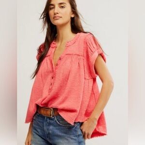 We The Free Coral Pink Textured Button-Up Blouse